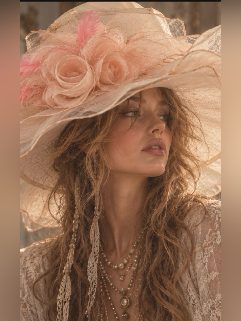 Vintage 70s- organza floral & feather- large boho hat - big brim- sheer - as is